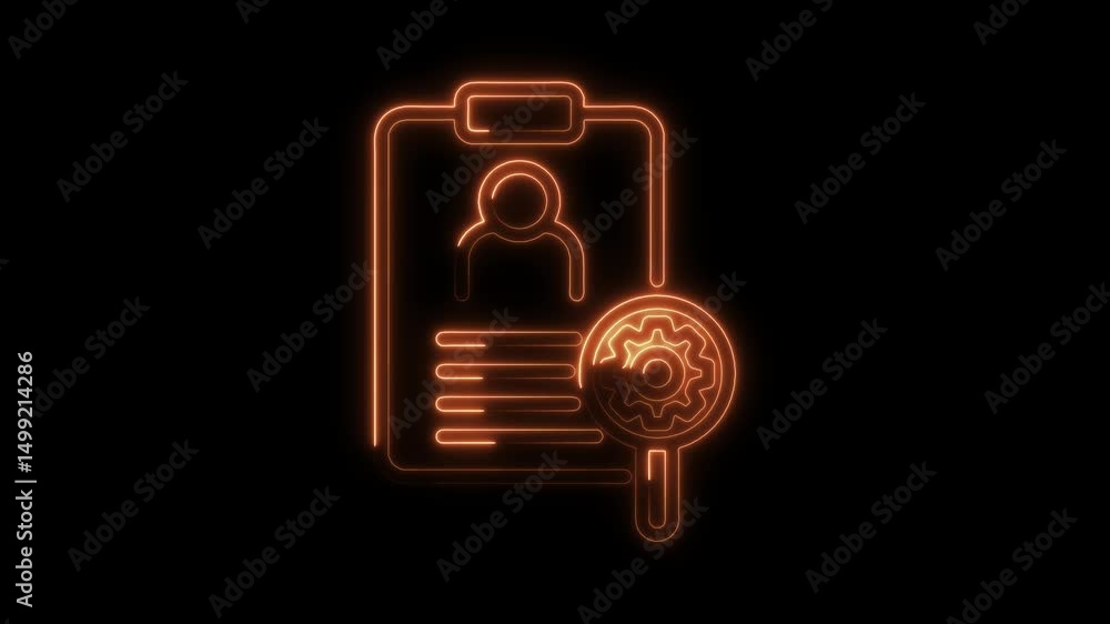 Poster glowing neon profile document with magnifying glass animation representing data analysis