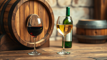 Two wine glasses, bottle, and barrel, rustic and elegant, festive and inviting.