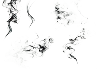 abstract black puffs of smoke swirl overlay isolated on white background PNG 