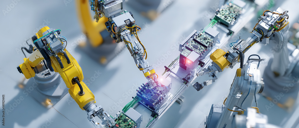 Leinwandbilder Flat lay image showcasing robotic arms and control panels in a smart technology setting.