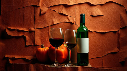 Autumn harvest with pumpkin, apple, wine glass, and bottle on rustic background.