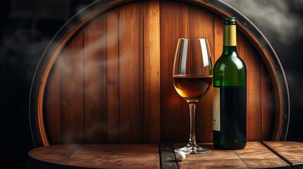 Two wine glasses, bottle, and barrel, rustic and elegant, festive and inviting.