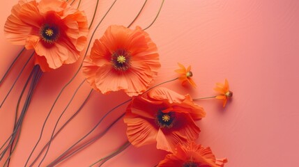 Vibrant orange poppies arranged neatly on a soft coral table, complemented by intricate, artistic lines.