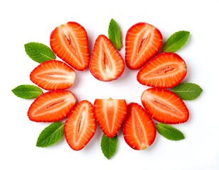 Top view arrangement of sliced berries and fresh green leaves on white background