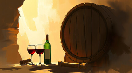 Two wine glasses, bottle, and barrel, rustic and elegant, festive and inviting.