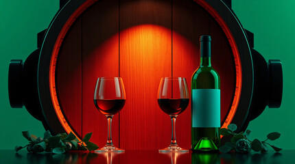 Two wine glasses, bottle, and barrel, rustic and elegant, festive and inviting.