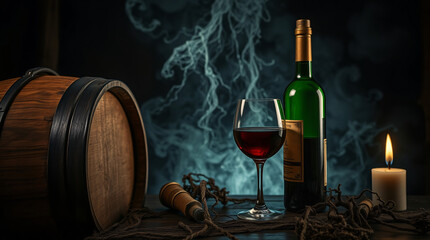 Wine setup with barrel, bottle, glass, and candle in a moody atmosphere.