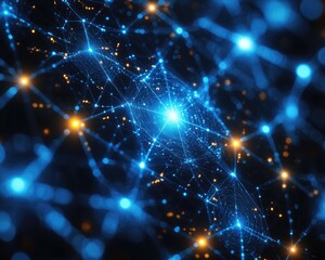 Obraz premium Glowing blue and orange network nodes form connections on a dark background. It represents technology, internet connections, or scientific data.