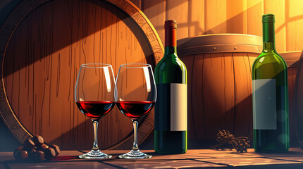 Two wine glasses, bottle, and barrel, rustic and elegant, festive and inviting.