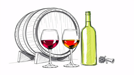 Two wine glasses, two bottles, and a barrel in a playful illustration.