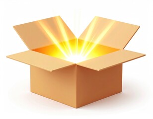Open Cardboard Box: Radiant Golden Glow,  Illuminated Surprise