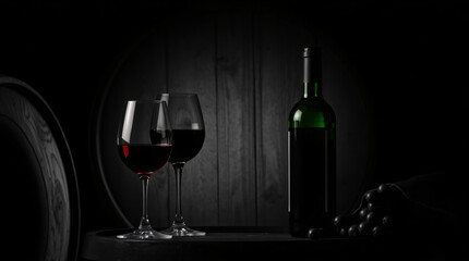 Two wine glasses and bottles with grapes and a barrel in black and white.