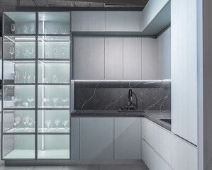 luxurious modern built-in kitchen, lots of built-in upper and lower cabinets, drawers. Grey granite...