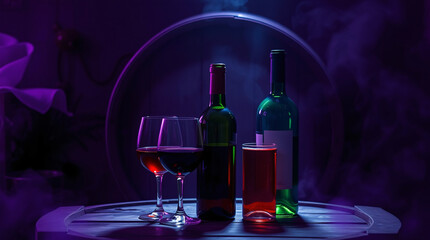 Two wine glasses and two bottles on a table with purple and blue lighting.