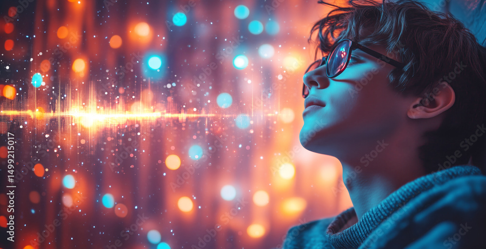 Aufkleber under a backdrop of vibrant lights, a young man with glasses contemplates the interaction of sound a