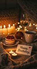 Naklejka premium Warm and Cozy Birthday Setting with Lit Candles, Cake, and Handwritten Note