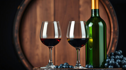 Wine setup with grapes, barrel, bottle, and glasses of red wine.