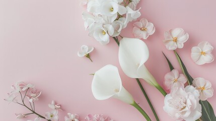 White Calla Lilies and pink Peonies on a clean, soft blush pink table, creating a timeless and sophisticated composition.