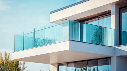 Fototapeta premium Contemporary balcony design featuring glass railing in bright afternoon sunlight