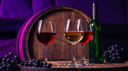 Wine setup with grapes, barrel, bottle, and glasses of red wine.