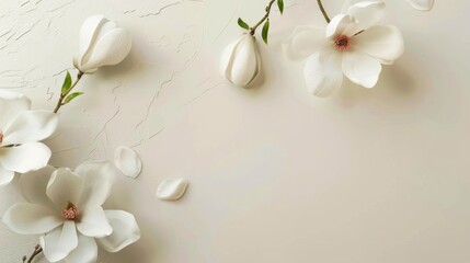White magnolias placed delicately on a clean, soft cream table, perfect for adding personalized messages or greetings.