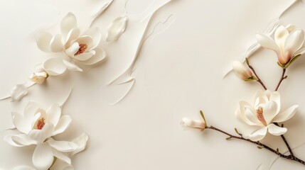 White magnolias placed delicately on a clean, soft cream table, perfect for adding personalized messages or greetings.