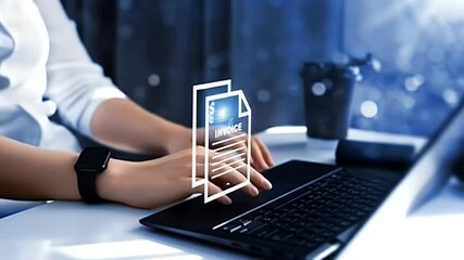 Woman in White Using Laptop with Digital Overlay of Documents on a White Desk in Office with Natural Lighting and Blue Accents - Powered by Adobe