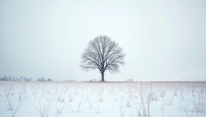  Lone tree in snowy field under overcast winter sky