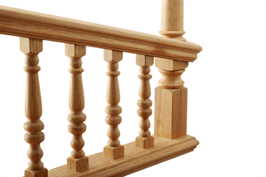 Detailed view of a finely crafted wooden balustrade, isolated on white background PNG 