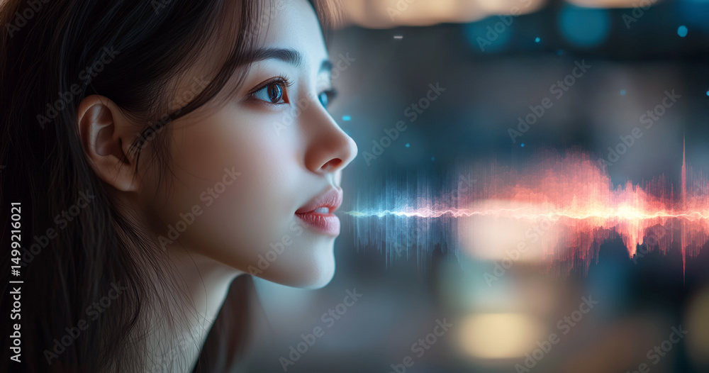 Fototapete An individual engages with a virtual assistant through voice control. The visual emphasizes sound waves emanating from the person, representing the interaction's dynamic nature in a modern setting.