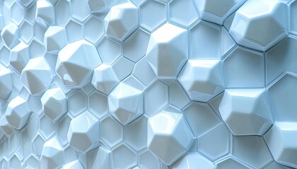 Shiny, light blue geometric honeycomb pattern with dynamic 3D depth and shadows. Use it for modern, abstract designs, digital wallpapers, or technological backgrounds.
