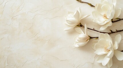 White magnolias placed gracefully on a clean, soft cream table featuring delicate, understated lines.
