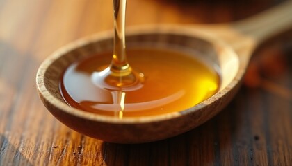 Golden honey pouring into wooden spoon on rustic table