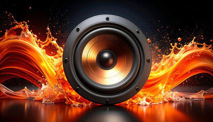 Fiery Speaker: A high-fidelity speaker stands engulfed in swirling flames, showcasing the raw power and energy of sound through visual metaphor.