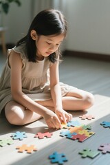 Fototapeta premium there is a young girl sitting on the floor playing with a puzzle