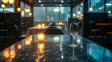Elegant restaurant table with wine glasses and cityscape view.