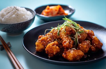 Crispy, savory chicken dish served with rice.