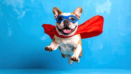 A joyous, levitating canine superhero in a red cape and blue mask against a vibrant, cerulean sky background. It has its tongue out