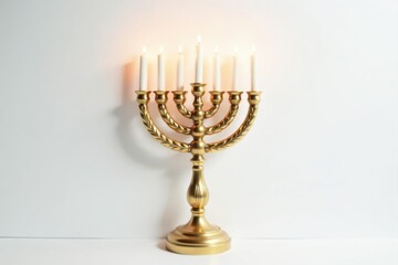Fototapeta premium Ornate gold menorah, top view Clean white backdrop , ornate, heritage, metal