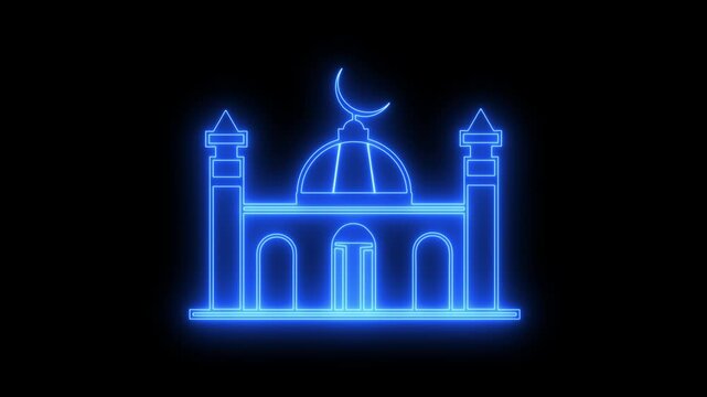 Abstract glowing neon mosque icon animated. Mosque icon animation in flat line style on black background in blue color.4k video animation .