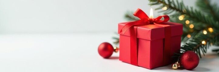 Obraz premium Red gift box with burning candle, Christmas decor on pure white background Flat lay composition , shadow, shiny