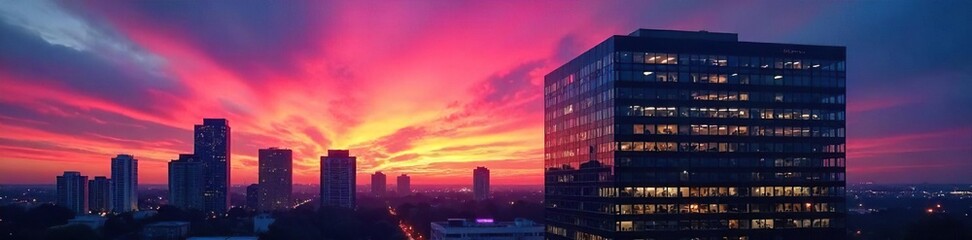 Obraz premium Modern office building silhouetted against a vibrant dusk sky, city lights beginning to twinkle Perfect for corporate, real estate, and architectural projects , structure, corporate, dusk