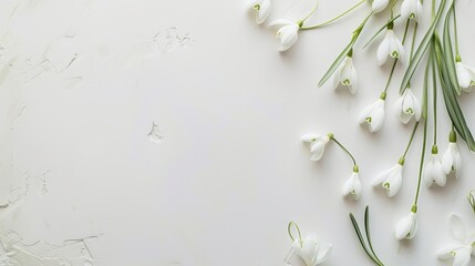 White Snowdrops arranged on a clean, soft winter white table, evoking a sense of purity and renewal, ideal for messages of hope.