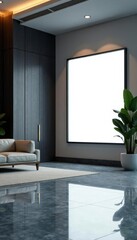 Sleek modern office, blank billboard in lobby, architecture, clean design