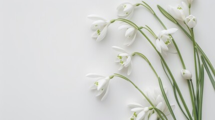 White Snowdrops arranged on a clean, soft winter white table, evoking a sense of purity and renewal, ideal for messages of hope.