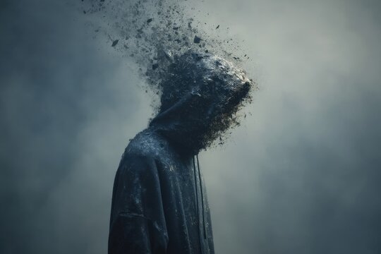 Faceless person in dark hoodie dissolving into smoke in foggy surreal scene