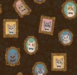 Cats in antique picture frames, seamless pattern.