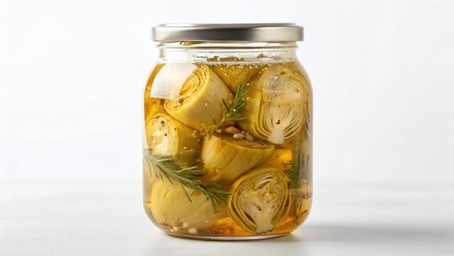 A rustic close-up of a glass jar filled with marinated artichoke hearts and sprigs of fresh rosemary in olive oil, positioned on a light wooden surface with scattered garlic cloves and red onion in th