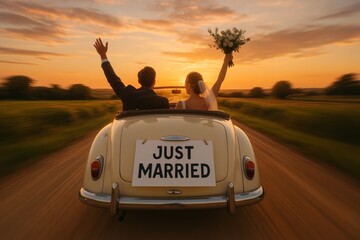Just married couple driving vintage car at sunset, bride holding bouquet, back view on countryside road