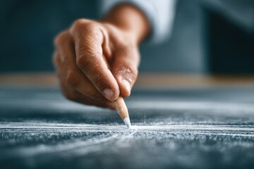 Hand drawing white chalk line on blackboard symbolizing strategy, planning and starting a new direction